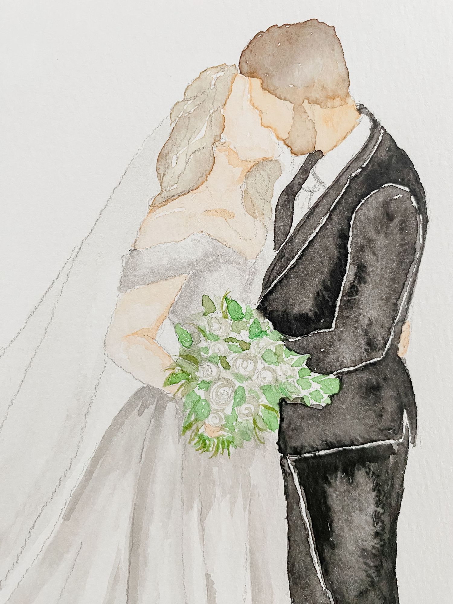 Watercolor illustration of a couple in wedding attire embracing, with the bride holding a soft green and white bouquet.
