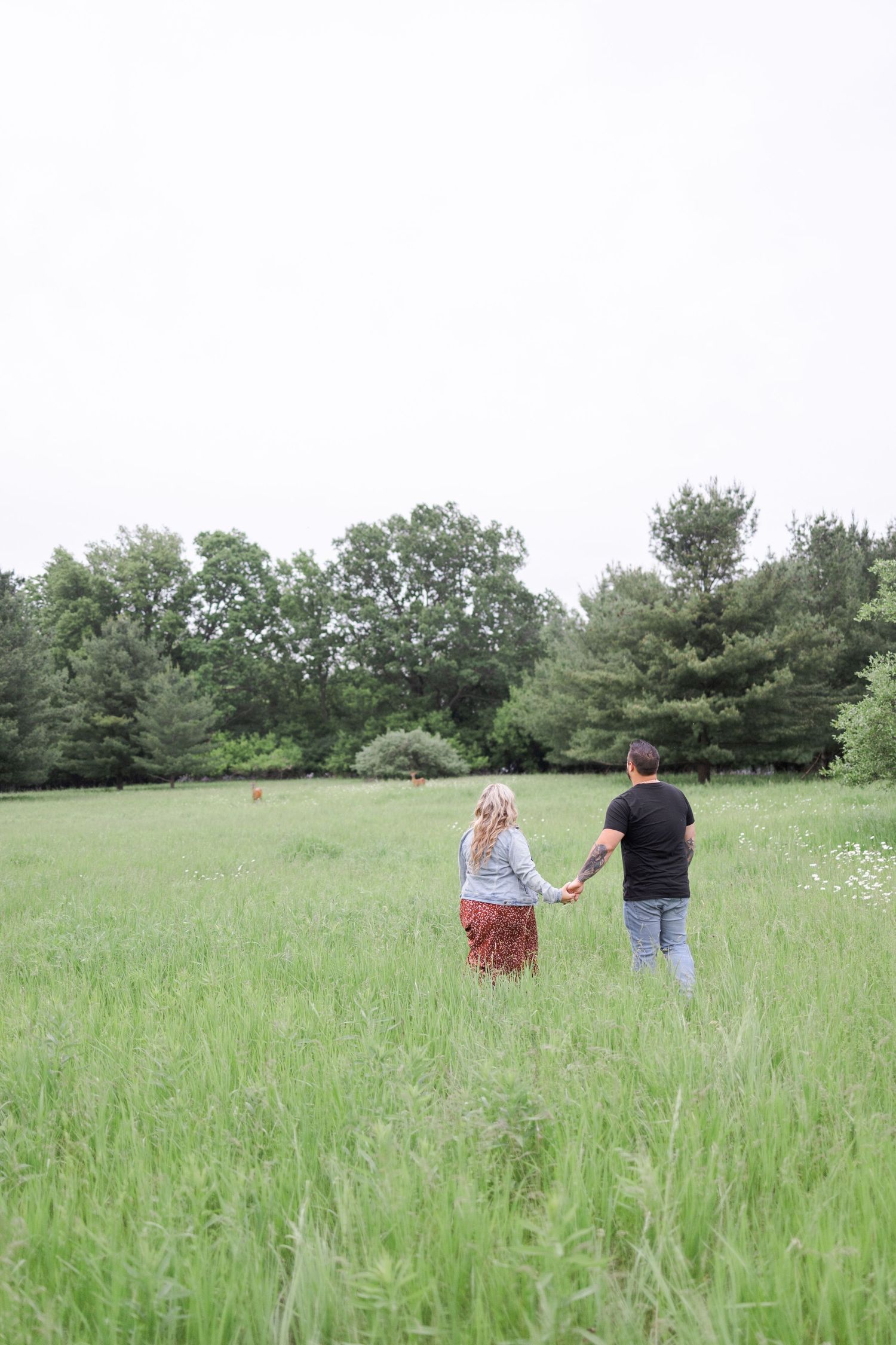 Two people walking hand in hand through a serene meadow with trees in the background.
