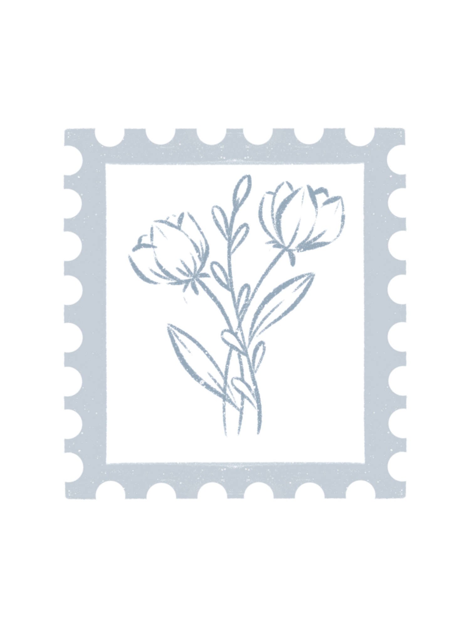 Simple line drawing of tulip flowers in a postage stamp style frame.