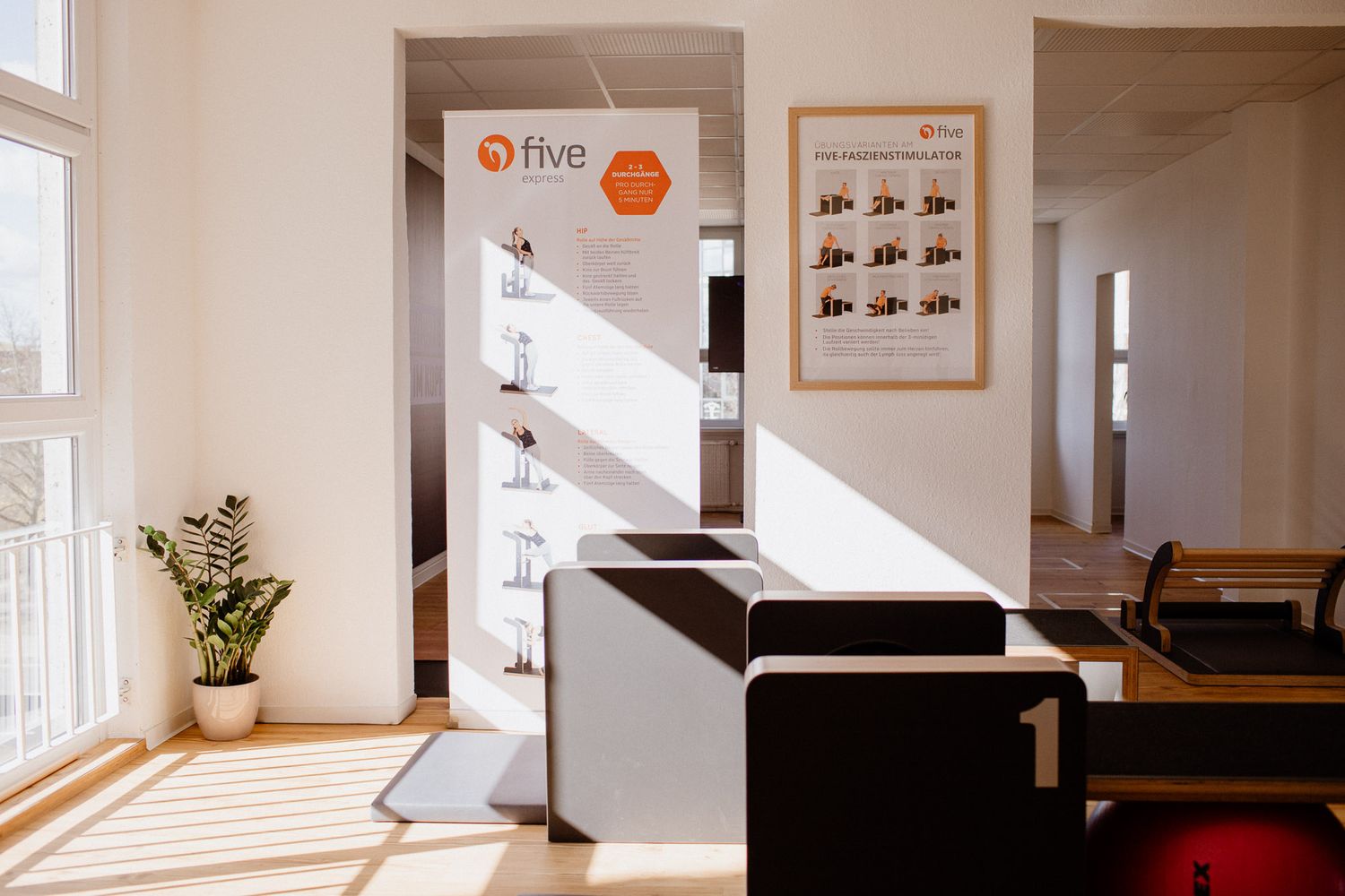 Bright modern fitness studio interior with white walls and wooden flooring.