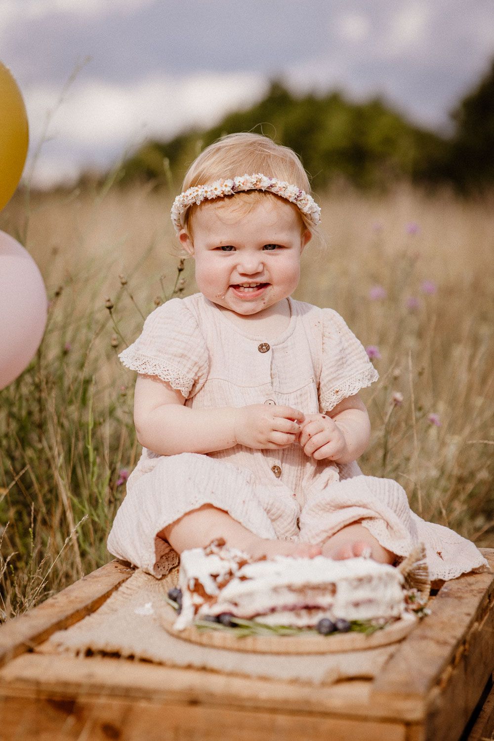 Sweet celebration moment with cake and balloons in sun-lit meadow.