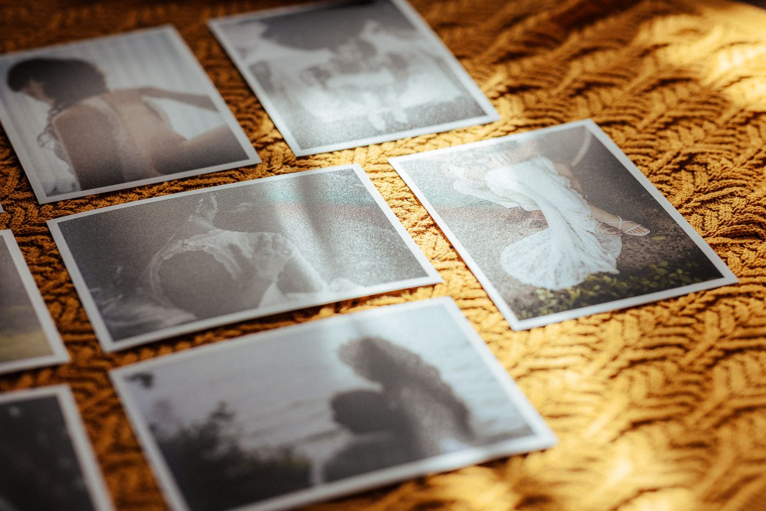 Vintage black and white photographs displayed on textured golden fabric.
