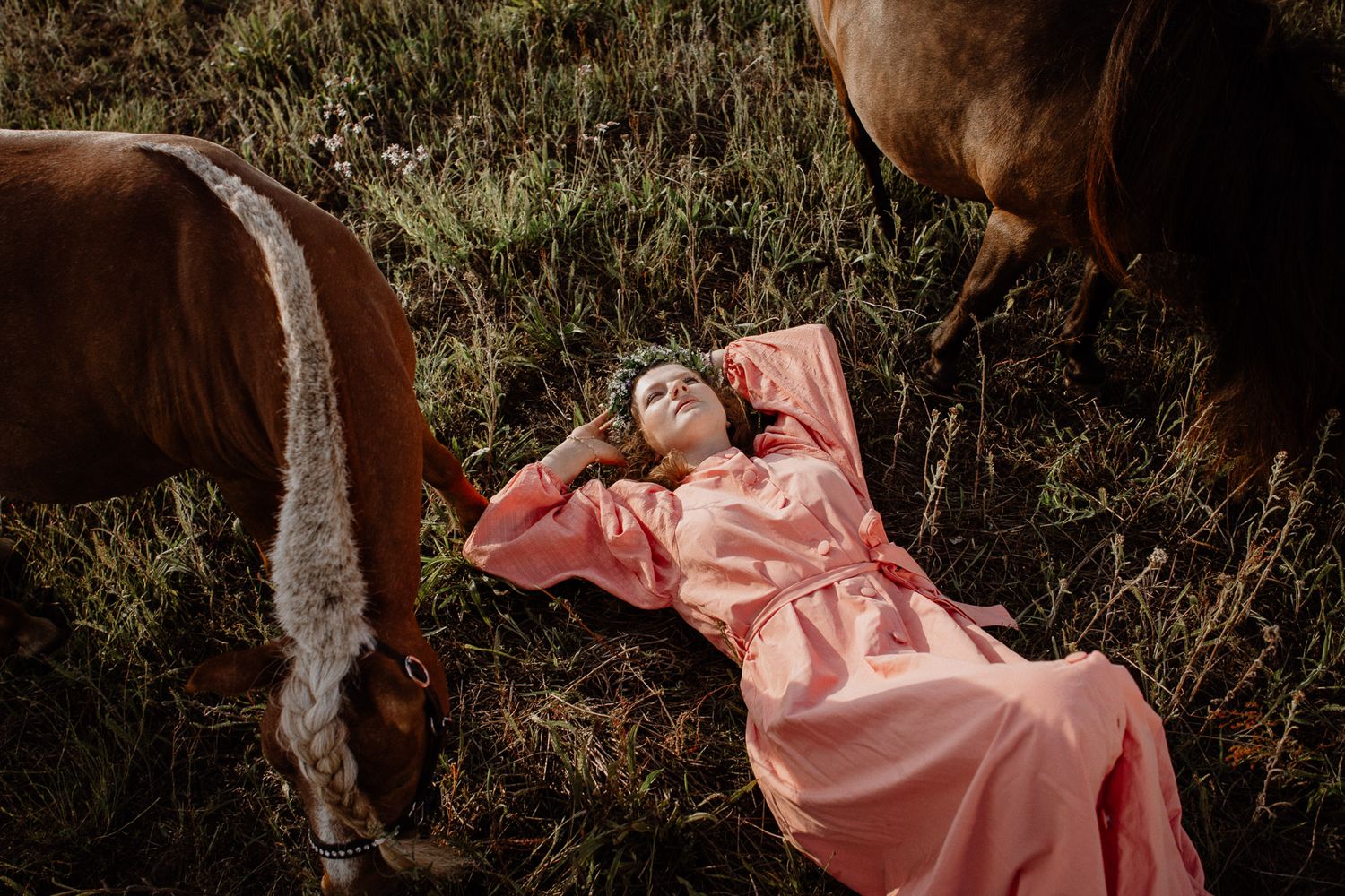 Woman in pink dress reclining in tall grass during sunset photoshoot.