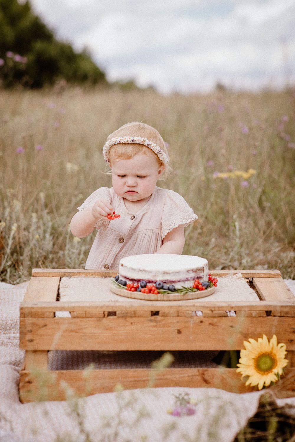 Rustic cake display on wooden crate in wildflower meadow with sunflower accent.