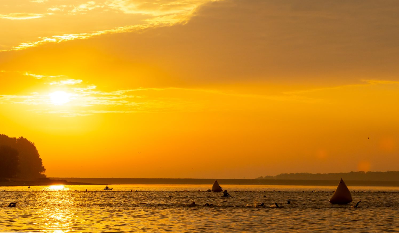 Stunning golden sunset over ocean horizon with silhouetted rocky coastline.
