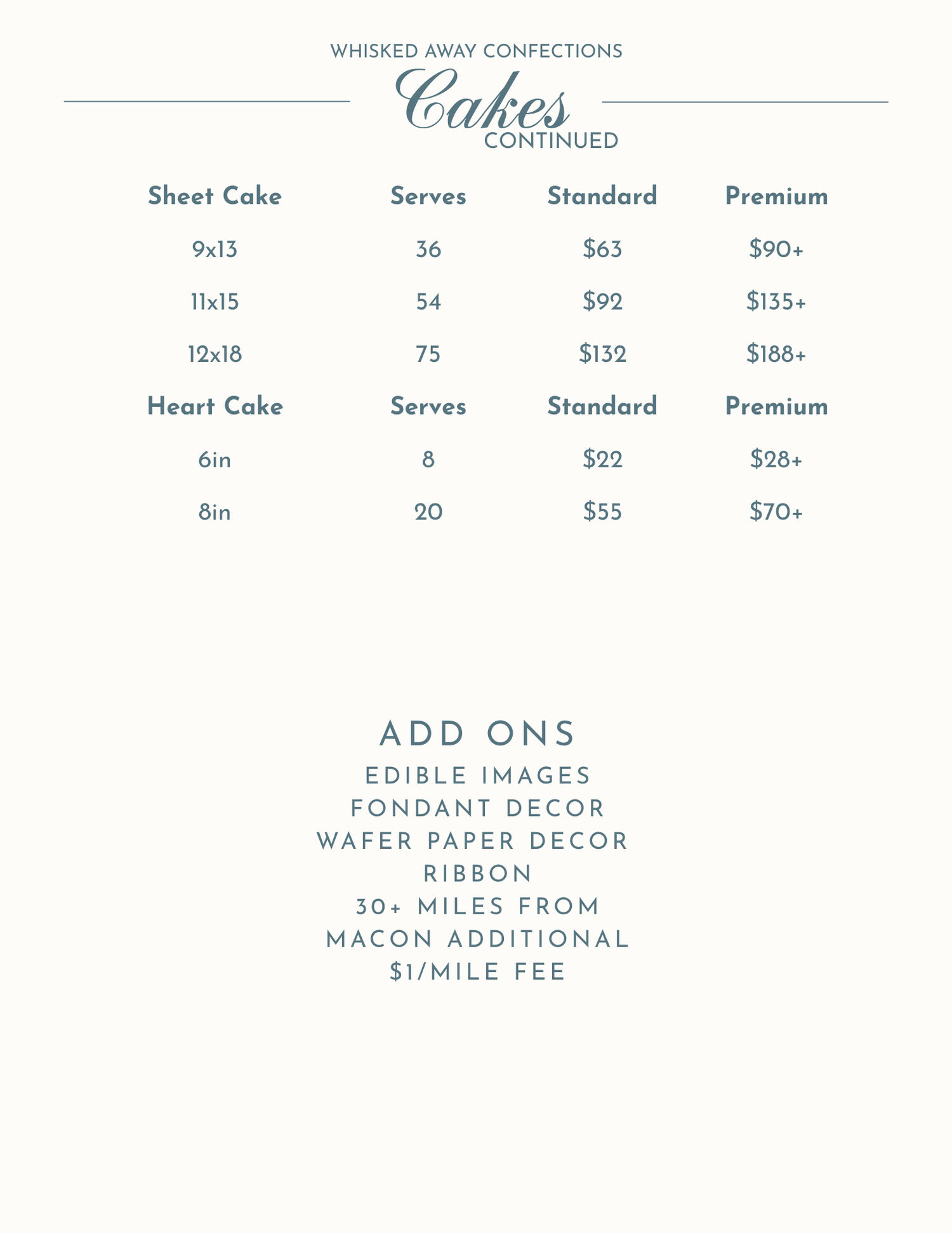 Pricing menu for sheet cakes and heart cakes showing standard and premium options with add-on decorations available.