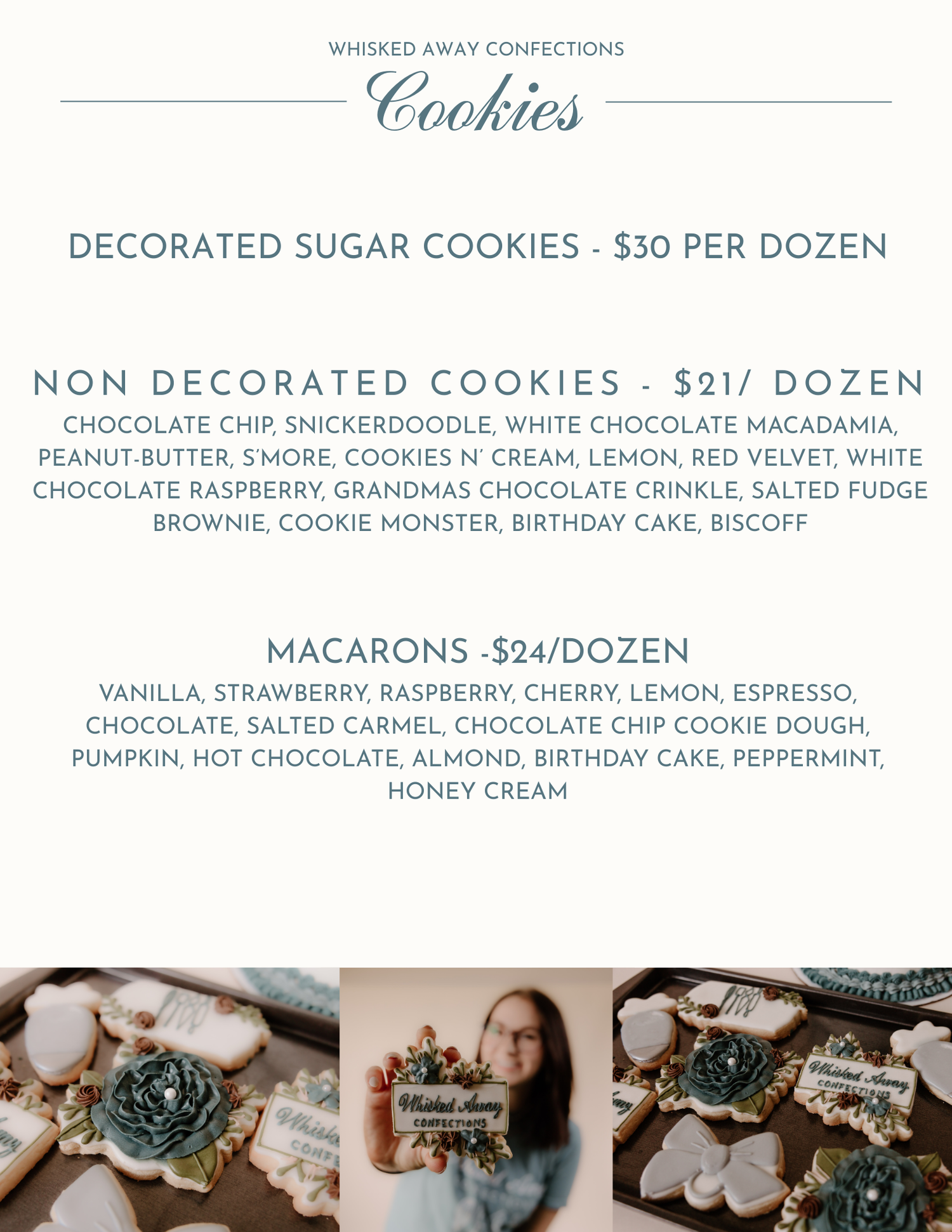 Elegant bakery menu board displays cookie and macaron pricing with decorative text and delicate dessert photographs.