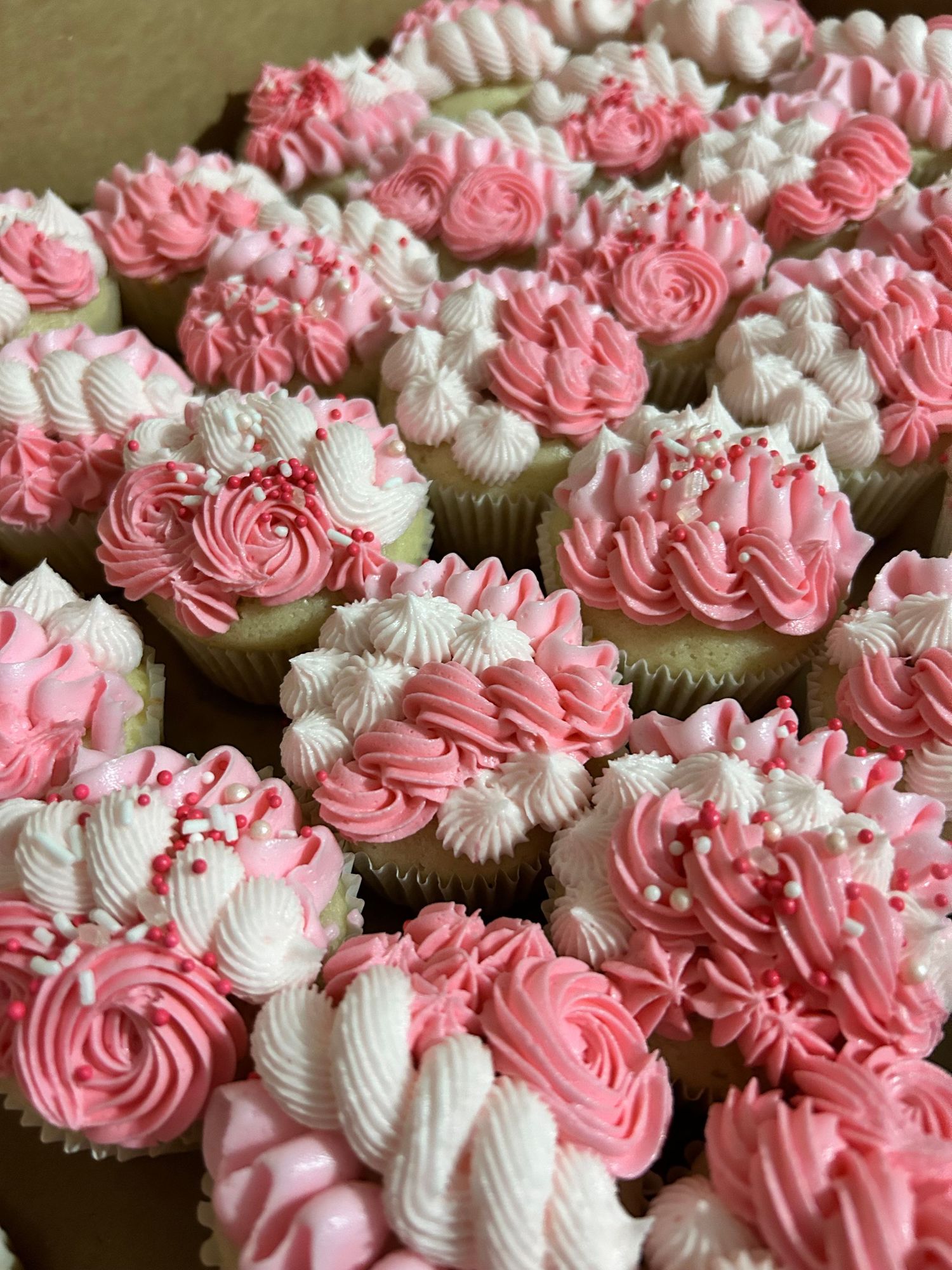 Pink and white frosted cupcakes with rosette swirl designs arranged in neat rows.
