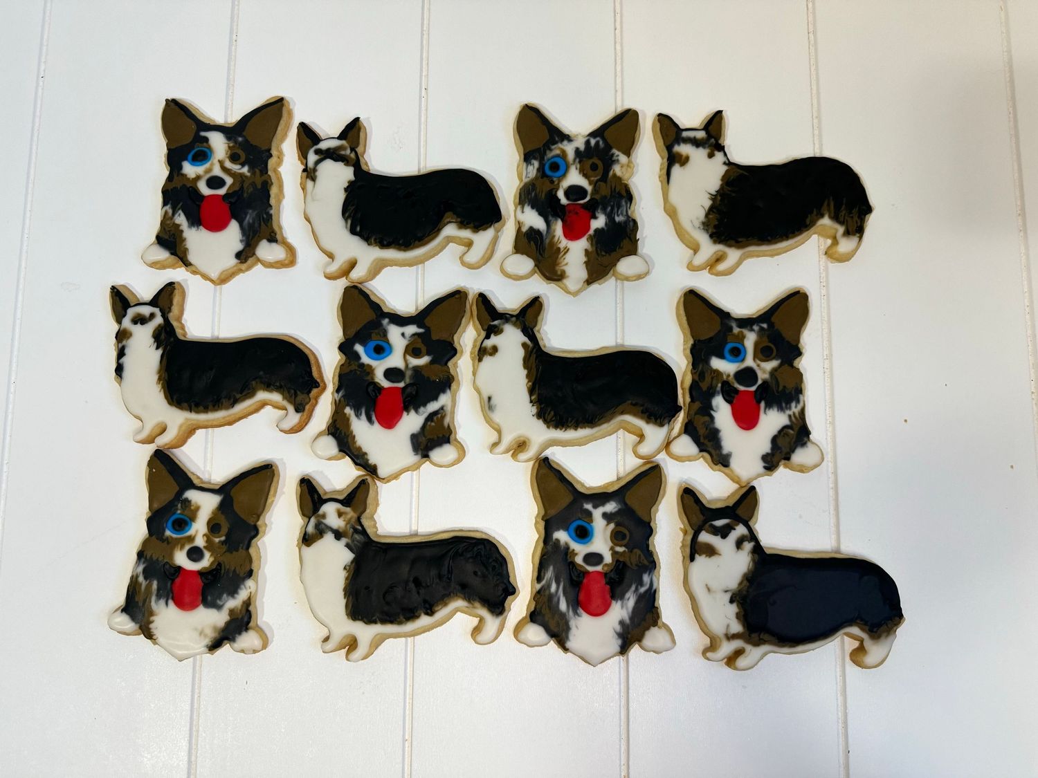 Black and white corgi dog shaped sugar cookies with red accents.