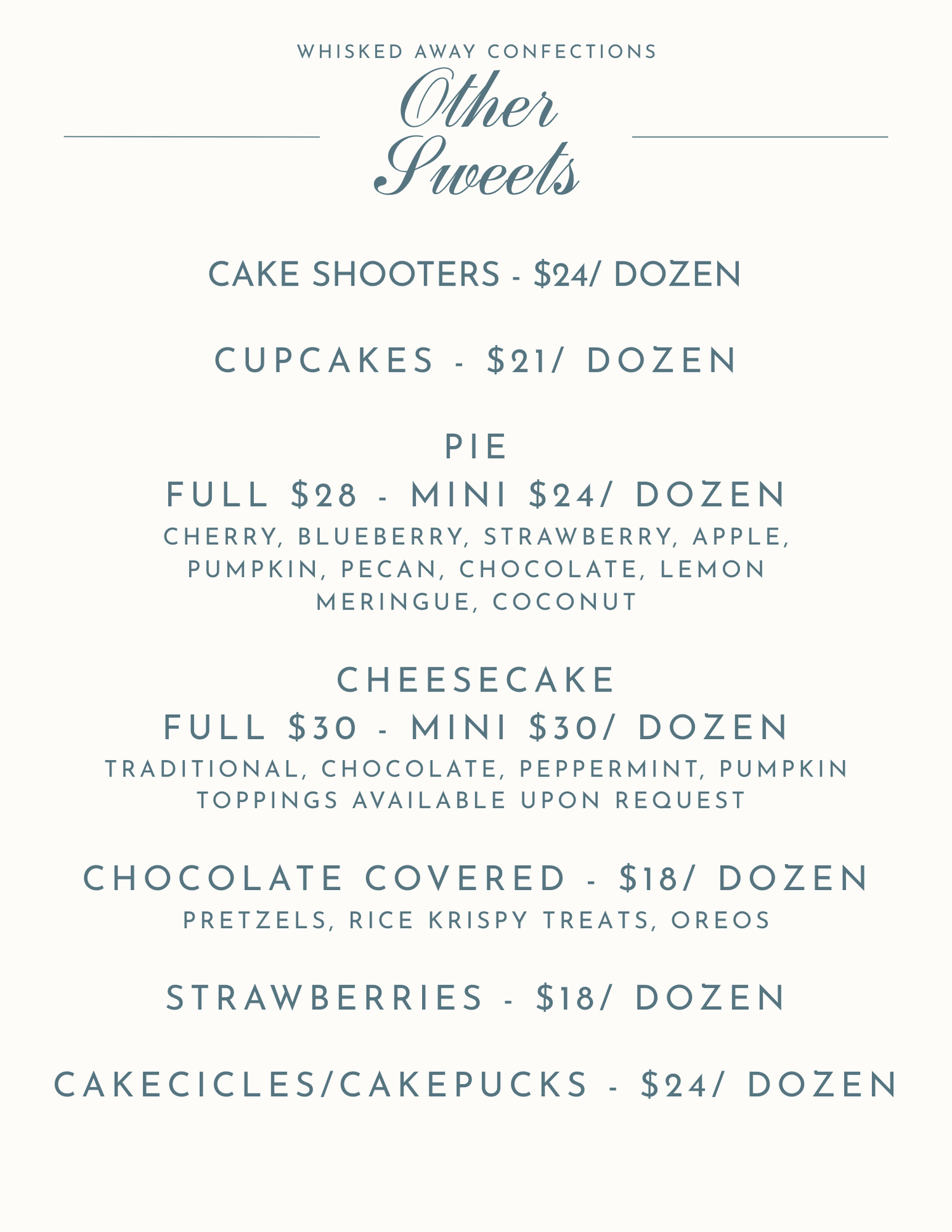 A bakery menu board displays prices and offerings for various desserts including cupcakes, cheesecake, and cake shooters.
