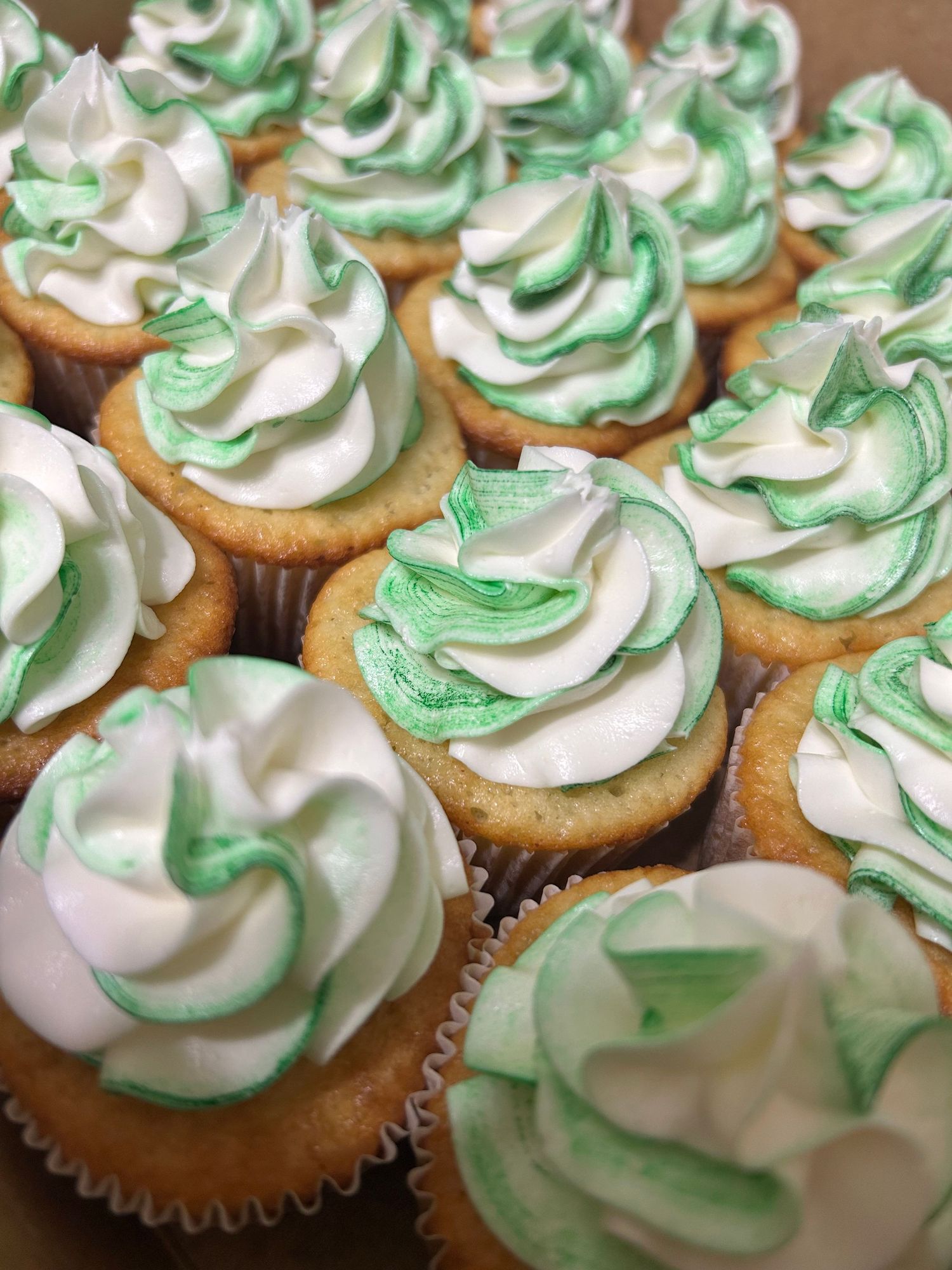 Vanilla cupcakes decorated with swirled mint green and white frosting.