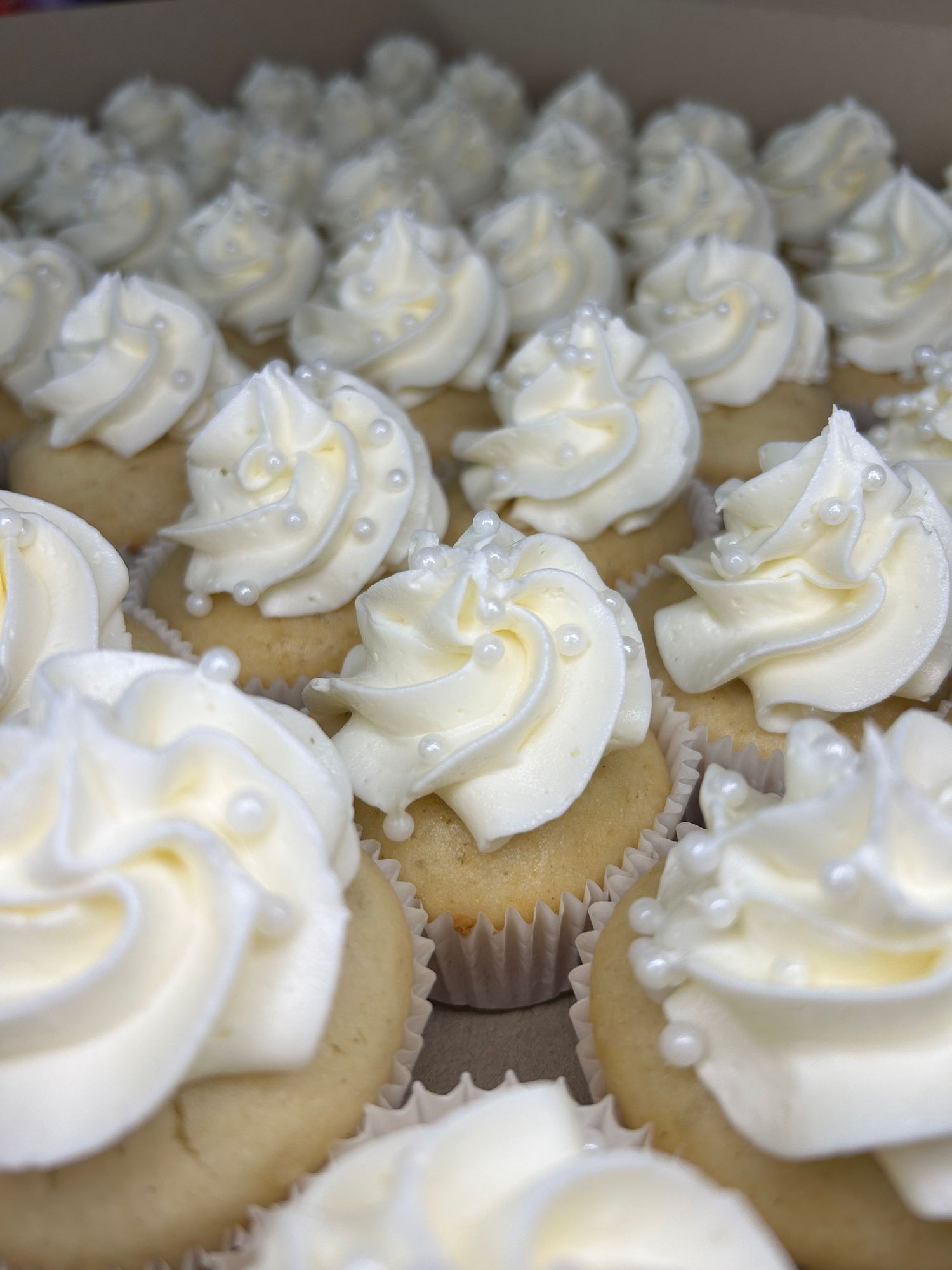 Vanilla cupcakes topped with perfectly swirled white buttercream frosting.