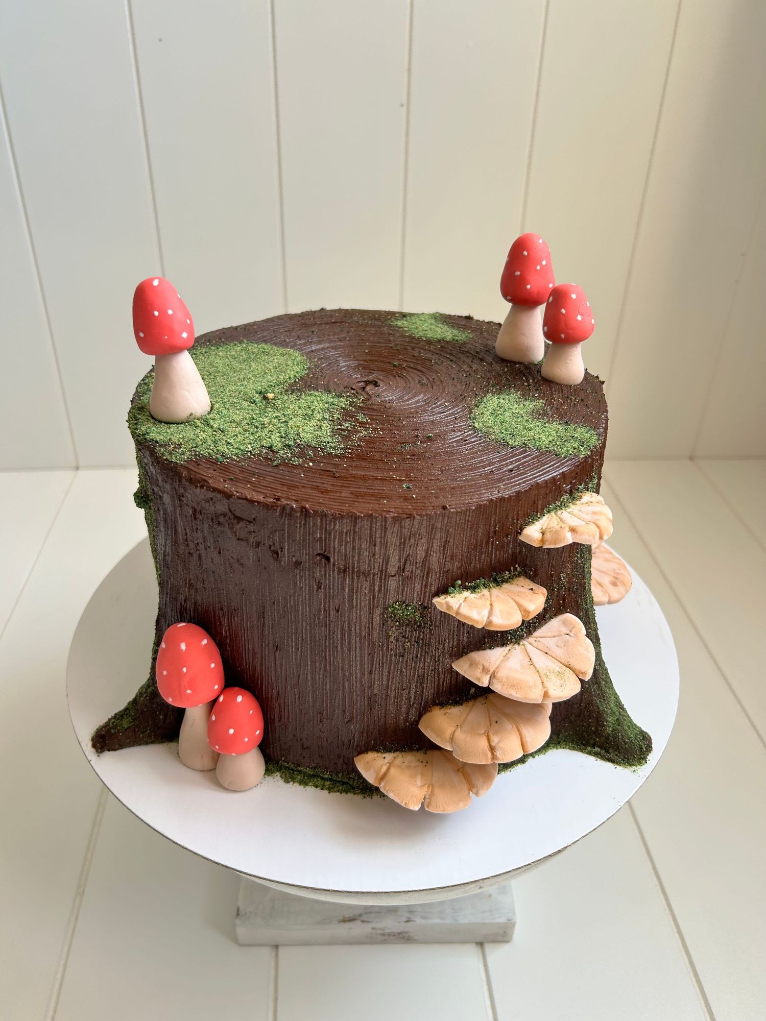 Tree stump themed chocolate cake decorated with mushrooms and leaves.