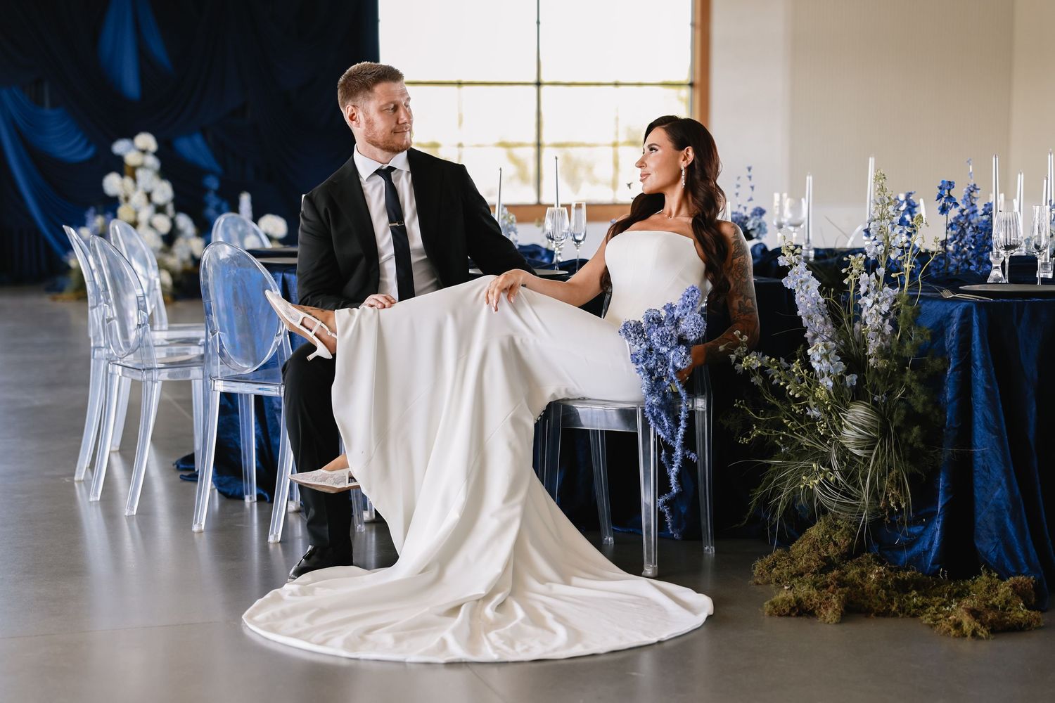Blue Hour Editorial with The Mountain Aisle at Deet Flat Ranch in Nampa Idaho by Molly Vincent Photography luxury editorial blue wedding