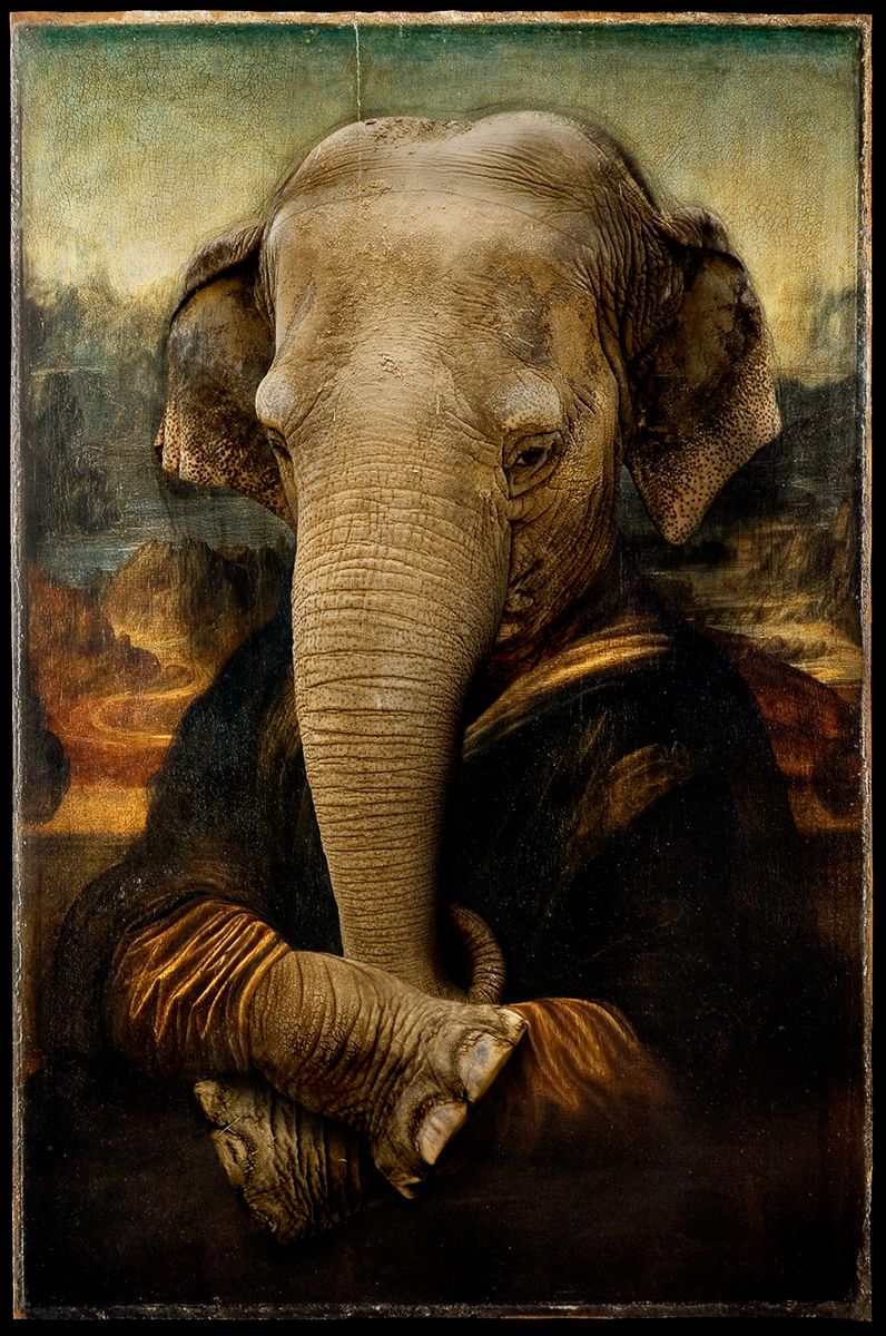 Artistic parody of Mona Lisa featuring elephant head in renaissance portrait style.