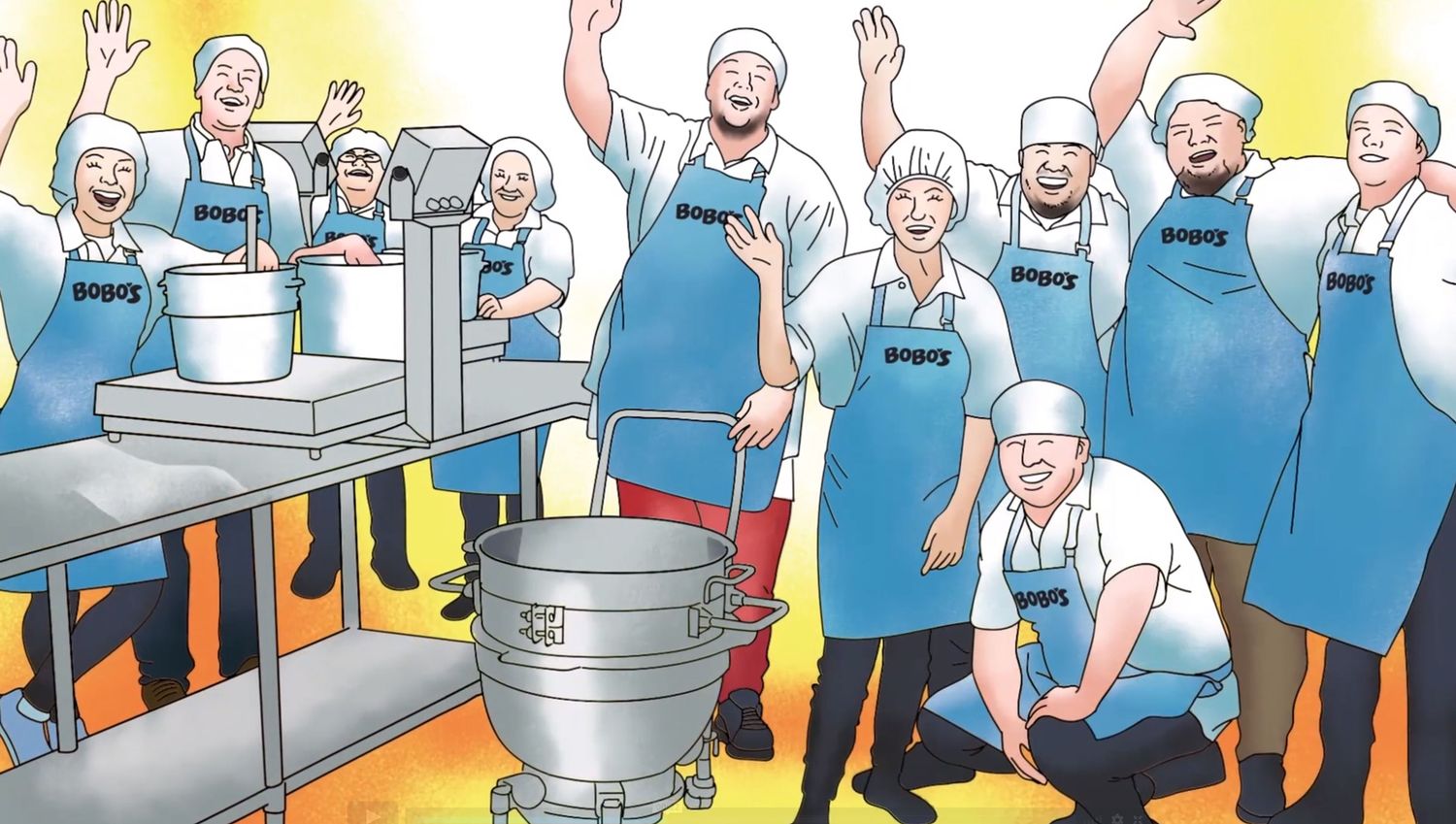 Workers in blue uniforms process materials on an industrial production line.