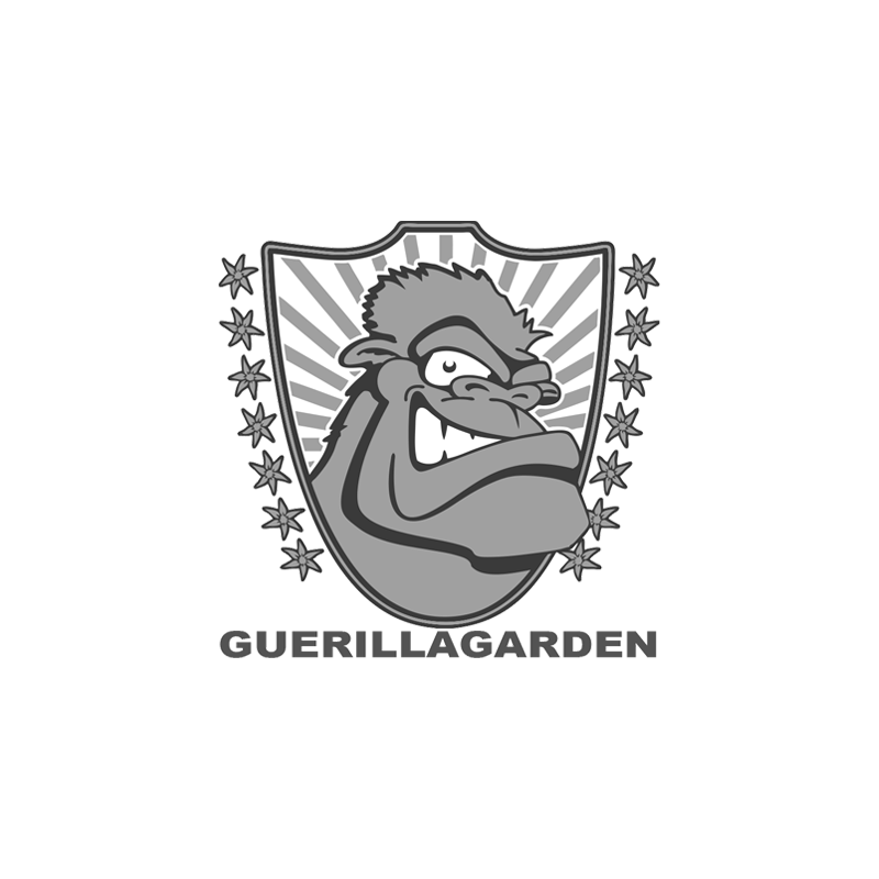 Guerilla Garden logo featuring an angry gorilla character with stars in a shield design.