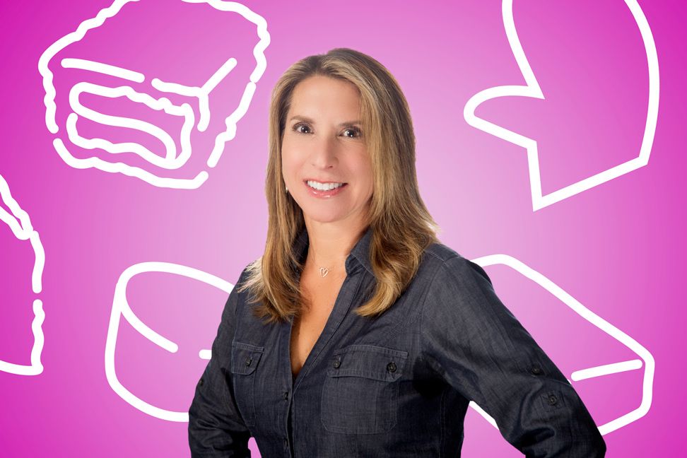 Professional portrait against pink background with cartoon sandwich illustrations.