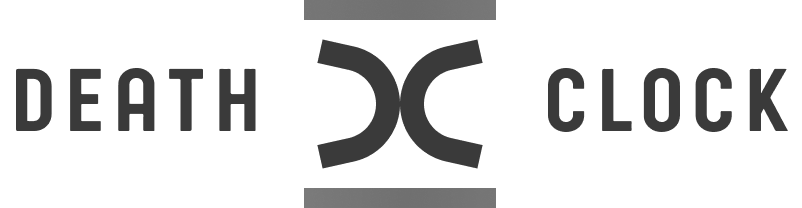 Death Clock logo with minimalist text and geometric symbol design in black.