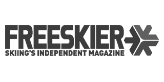 Freeskier magazine logo with text and snowflake symbol in black and white.