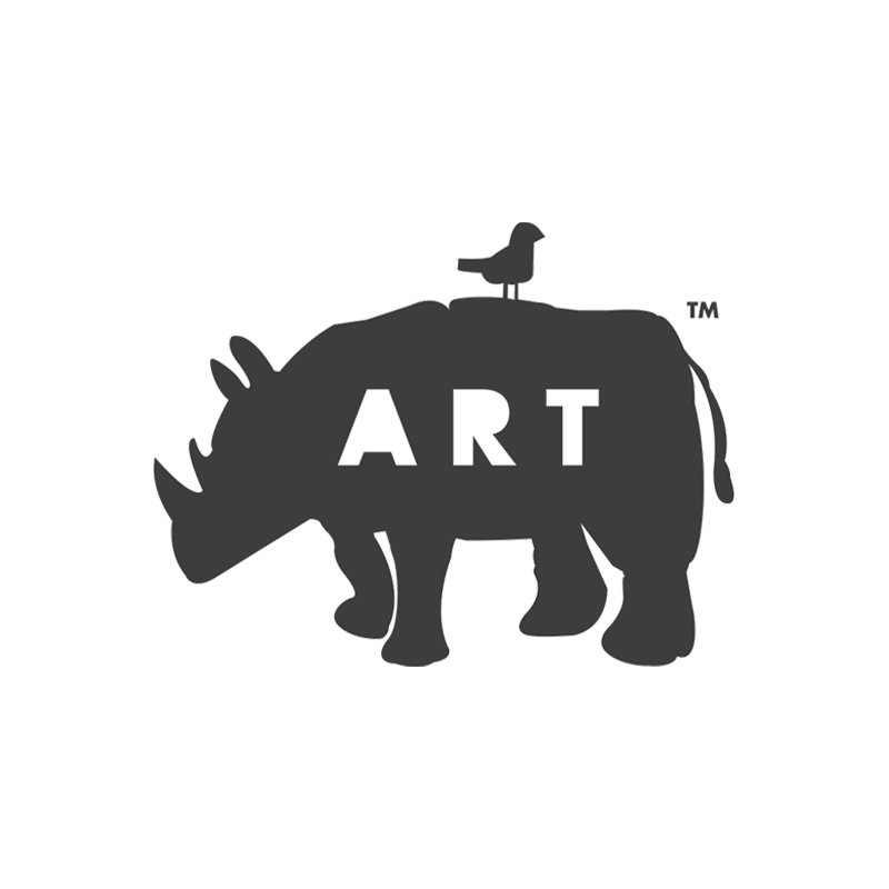 Minimalist logo of a rhinoceros silhouette with a bird and ART text.