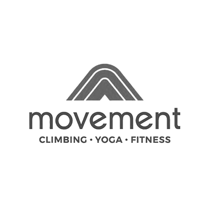 Monochromatic Movement fitness brand logo with layered mountain design and activity offerings.