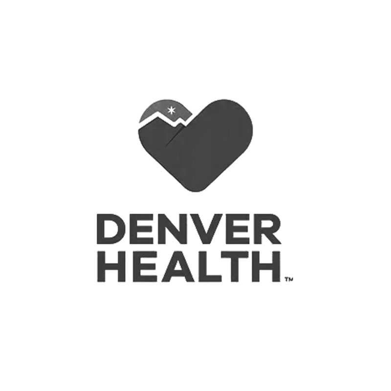 Denver Health logo featuring a heart icon with mountain peak and text in black.