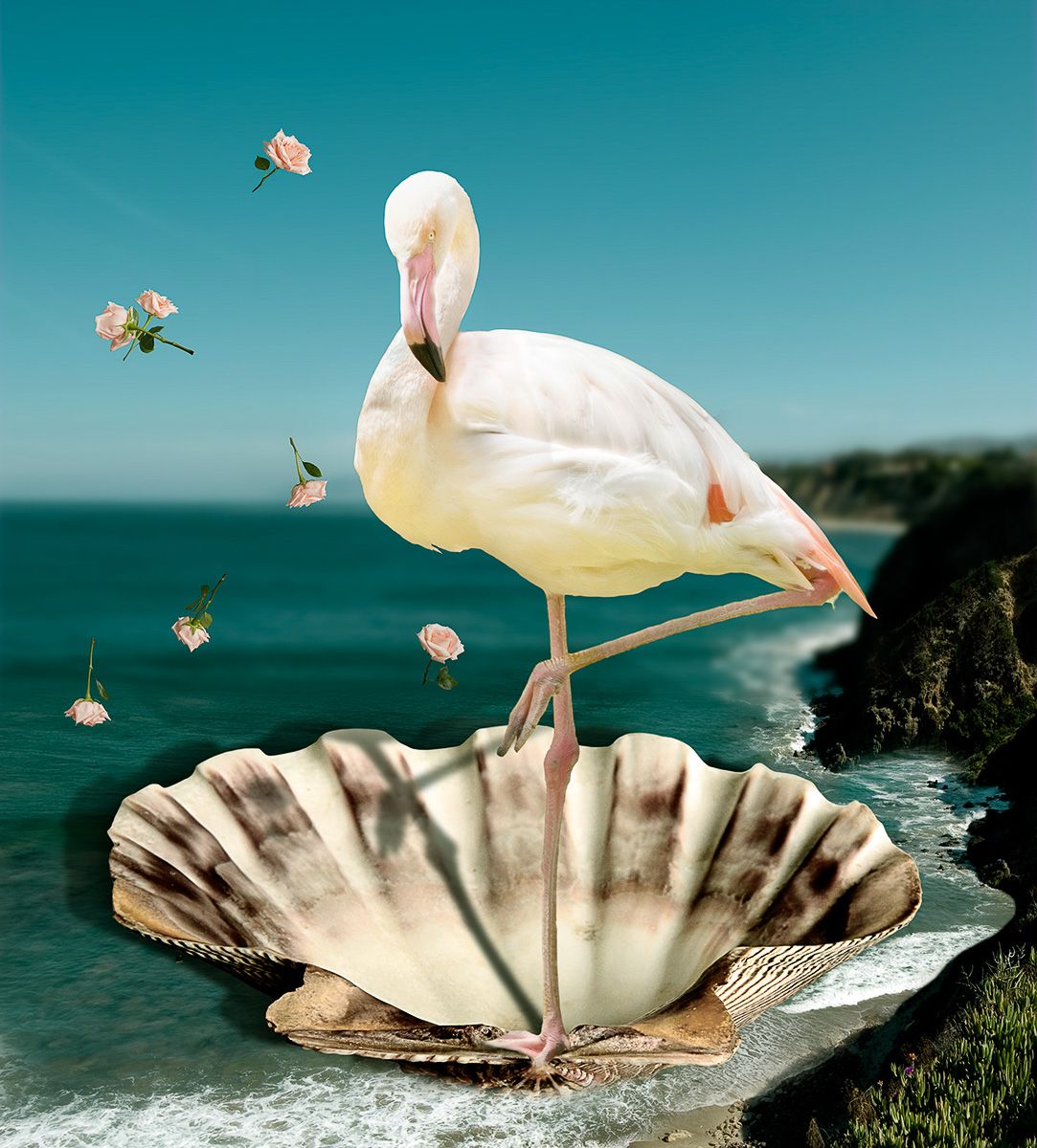 Surreal digital art of white flamingo standing on giant seashell with floating flowers against turquoise sky.