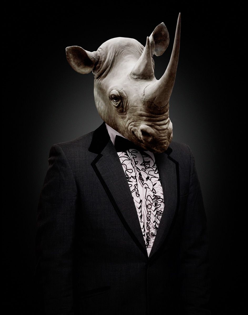 Surreal artistic portraits featuring a rhinoceros head wearing a formal black suit and patterned dress shirt against dark background.