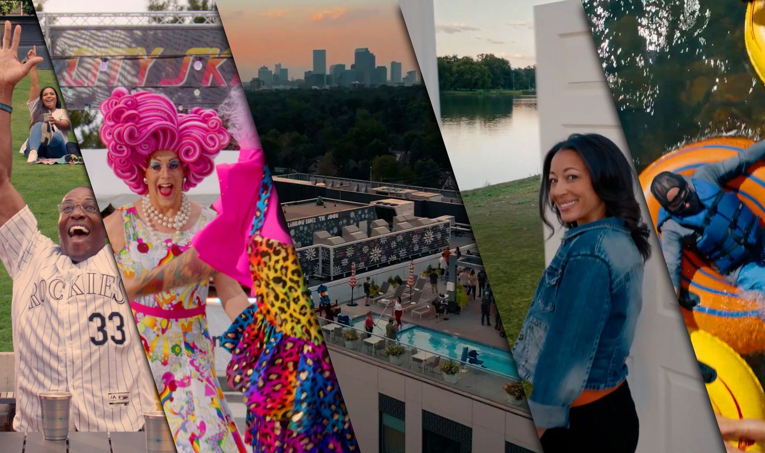 Collage of urban scenes featuring colorful performers, cityscapes and outdoor activities.