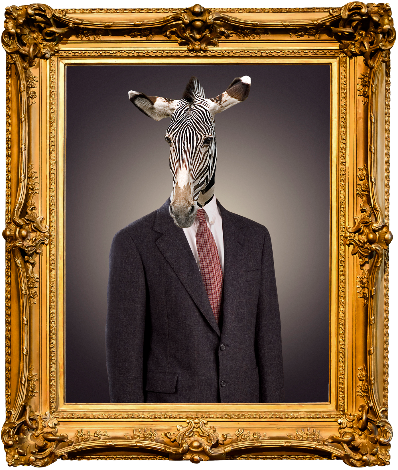 Series of ornate gold picture frames displaying surreal animal portraits in business attire.