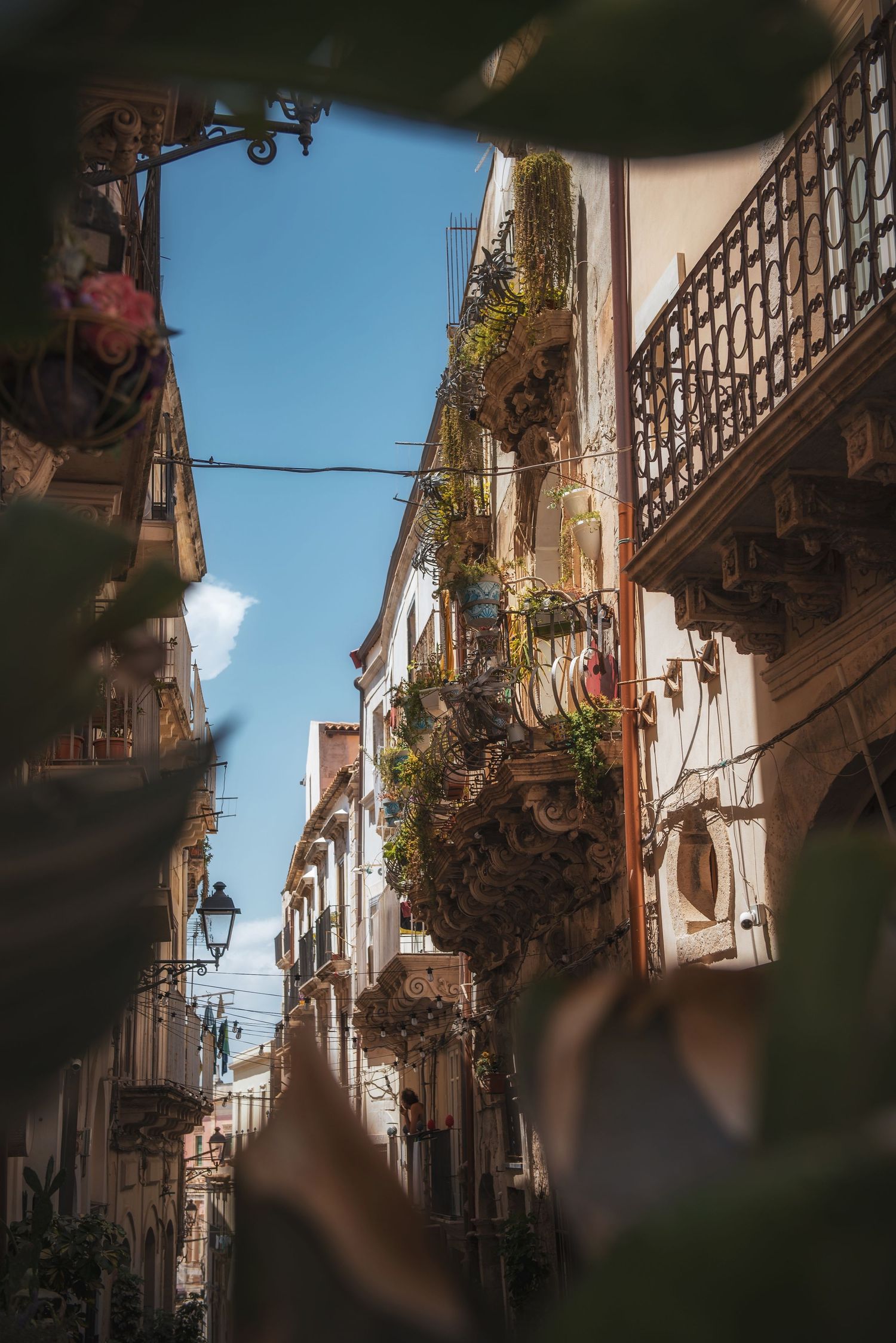 Historic narrow street in Syracuse, Sicily, Italy, featuring ornate traditional balconies adorned with lush potted plants.