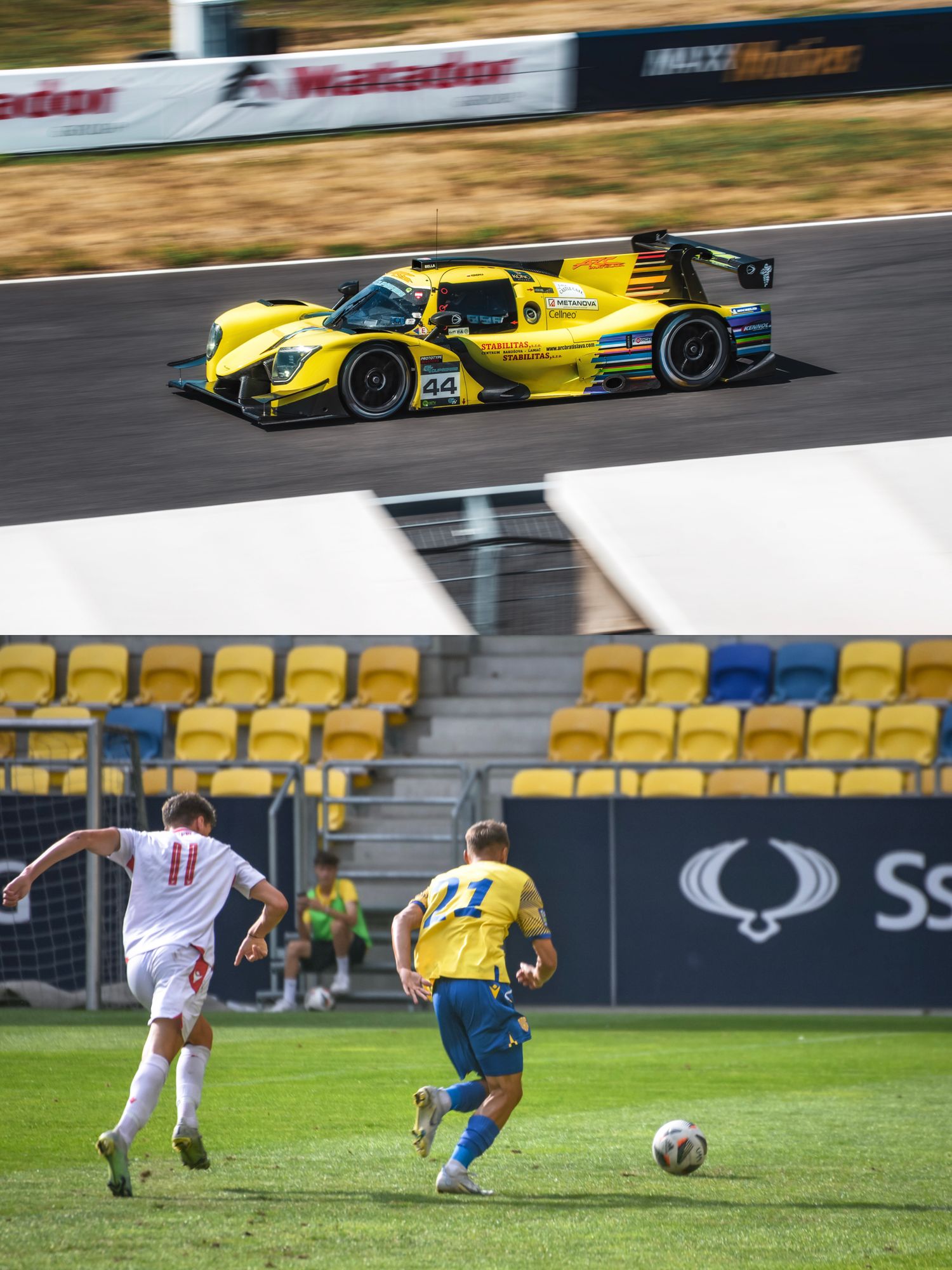 Dynamic action shots of a racing car on the track at Slovakia Ring and a football match featuring FC DAC 1904.