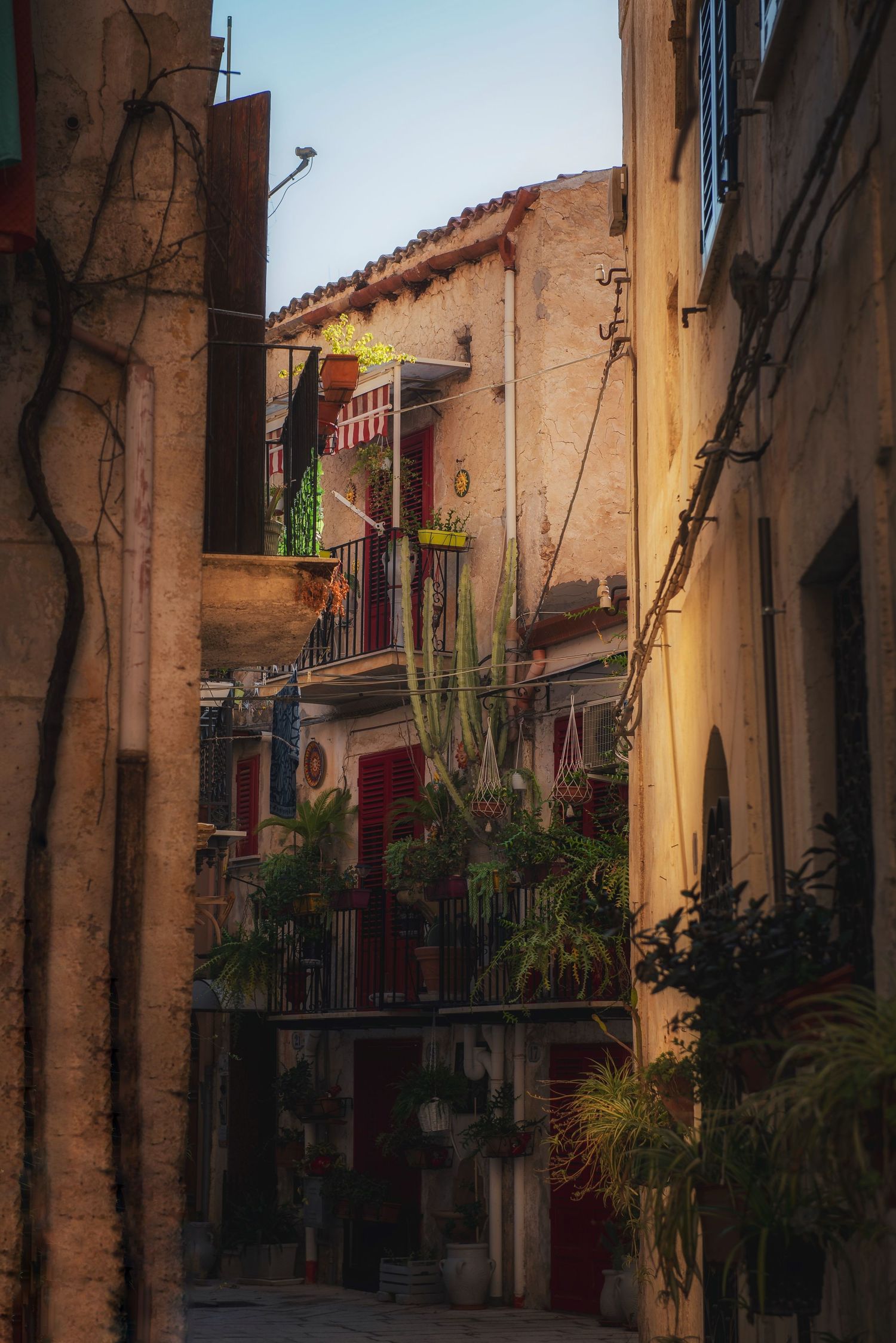 Narrow alleyway in Monreale, near Palermo, Sicily, featuring balconies adorned with plants and laundry lines.