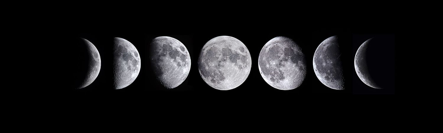A composite panoramic series showcasing the changing phases of the Moon against a dark night sky.