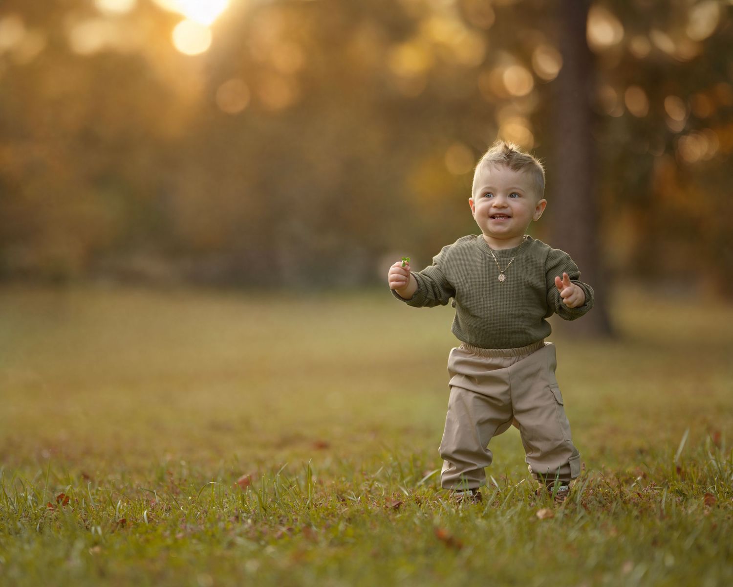 A series of connected photos showing a toddler learning to walk in a sunlit autumn park setting.