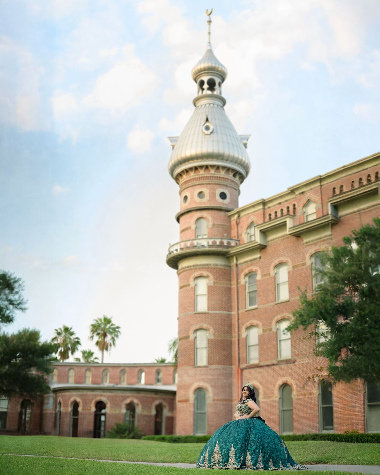 Teal ballgown photograph against majestic University of Tampa minarets.