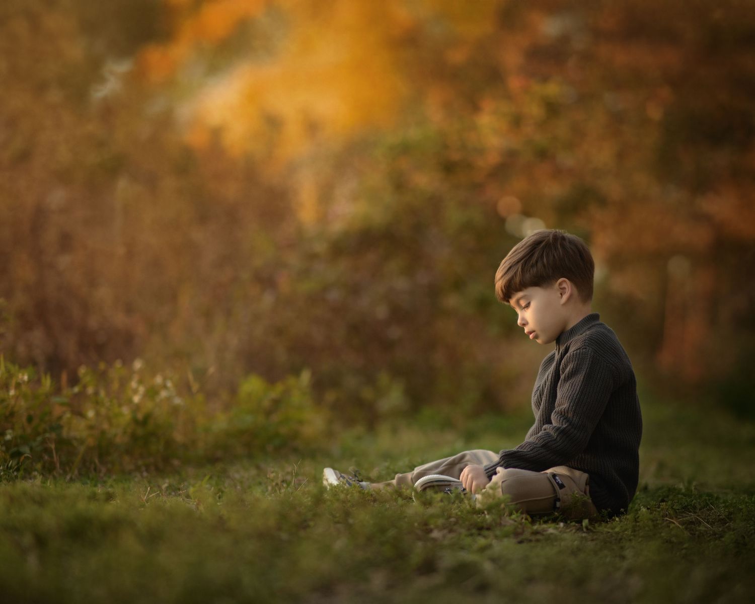 Peaceful moment captured in autumn with warm orange foliage in background.