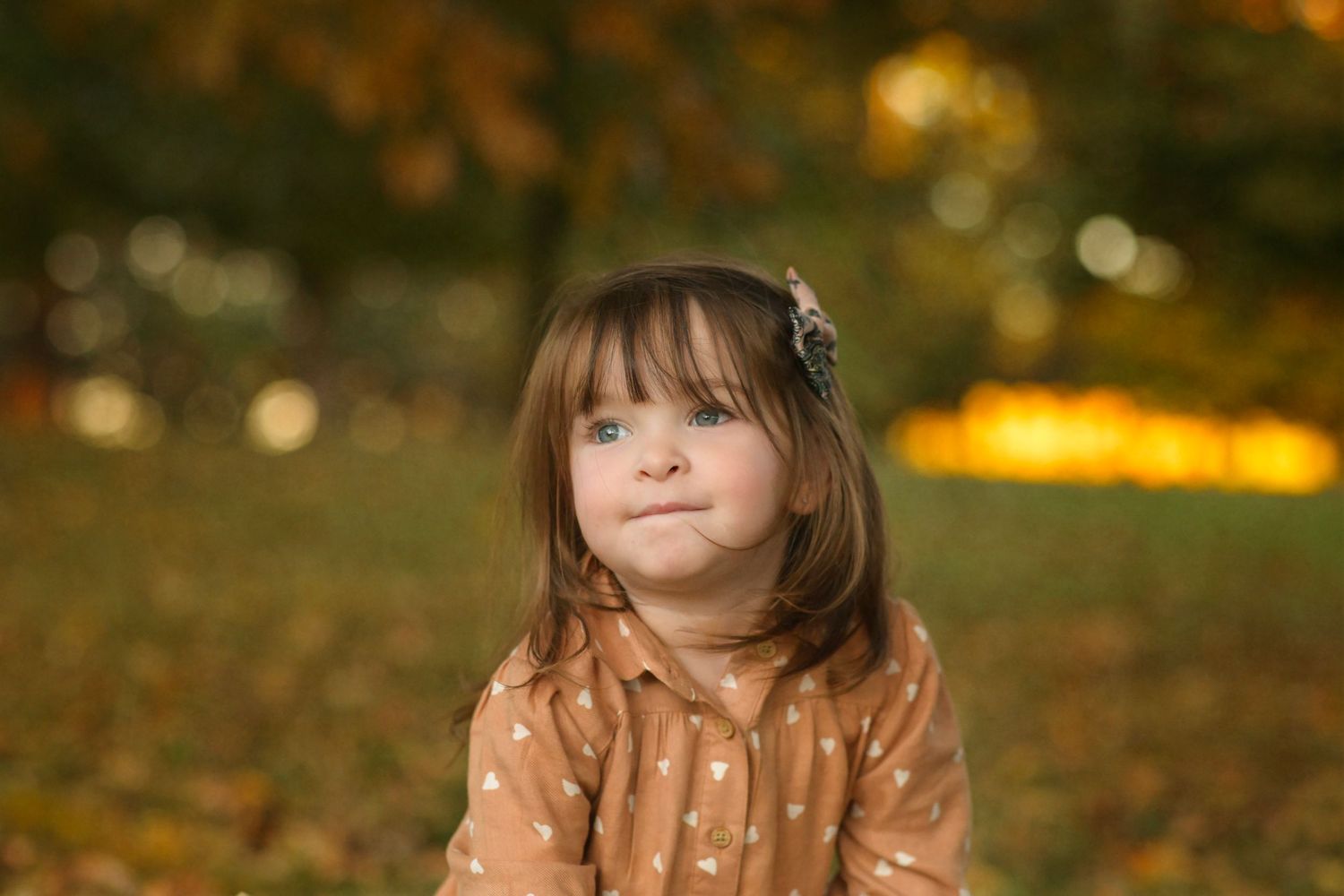 Child in a brown polka dot dress smiling outdoors with autumn bokeh background.