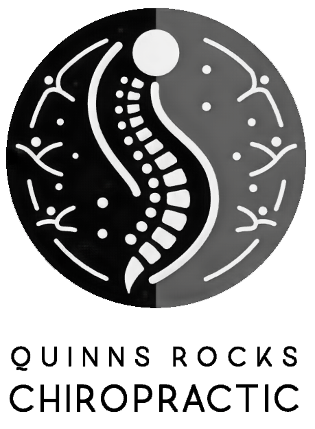 A black and white logo design for Quinns Rocks Chiropractic featuring circular abstract face shapes and text.