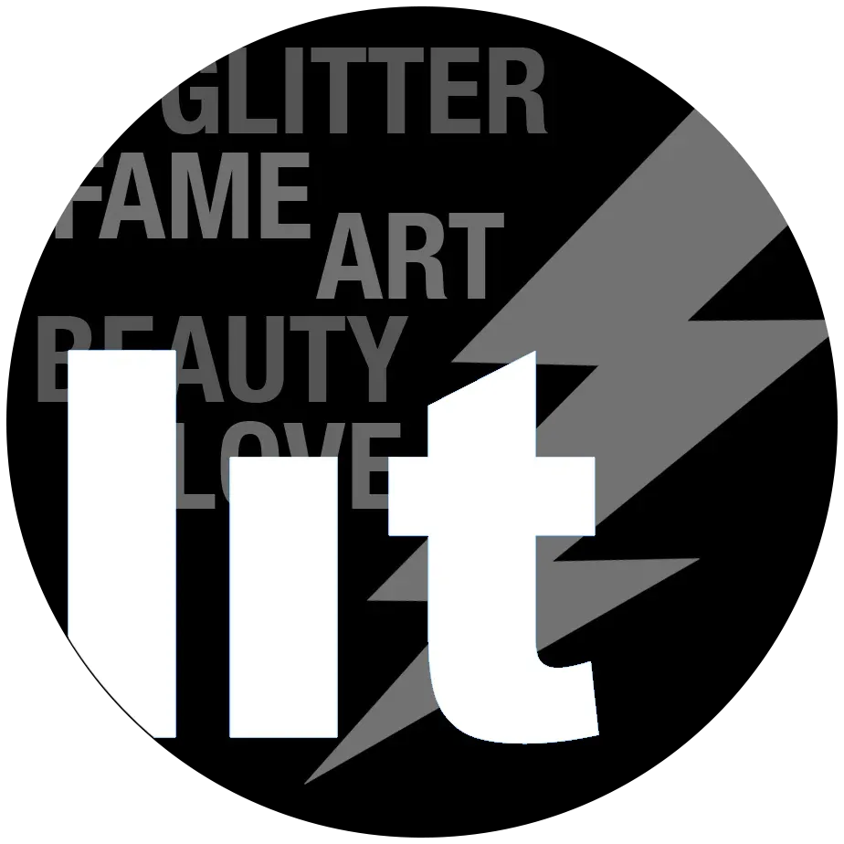 Black circular icons with white text showing glitter, fame, art, beauty and other words against dark background.