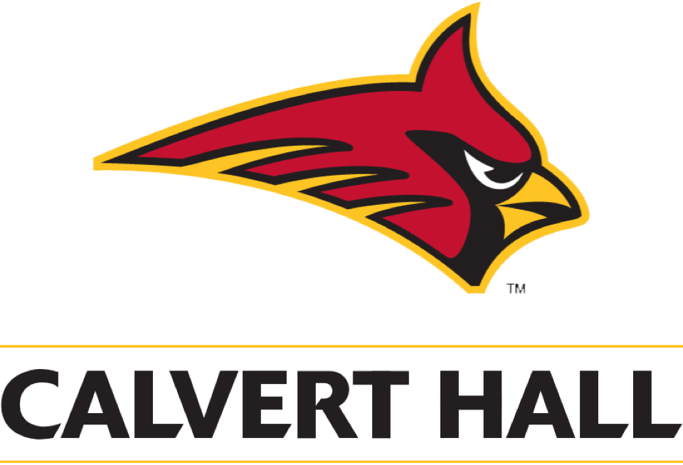 Red cardinal head logo with black text reading Calvert Hall underneath.