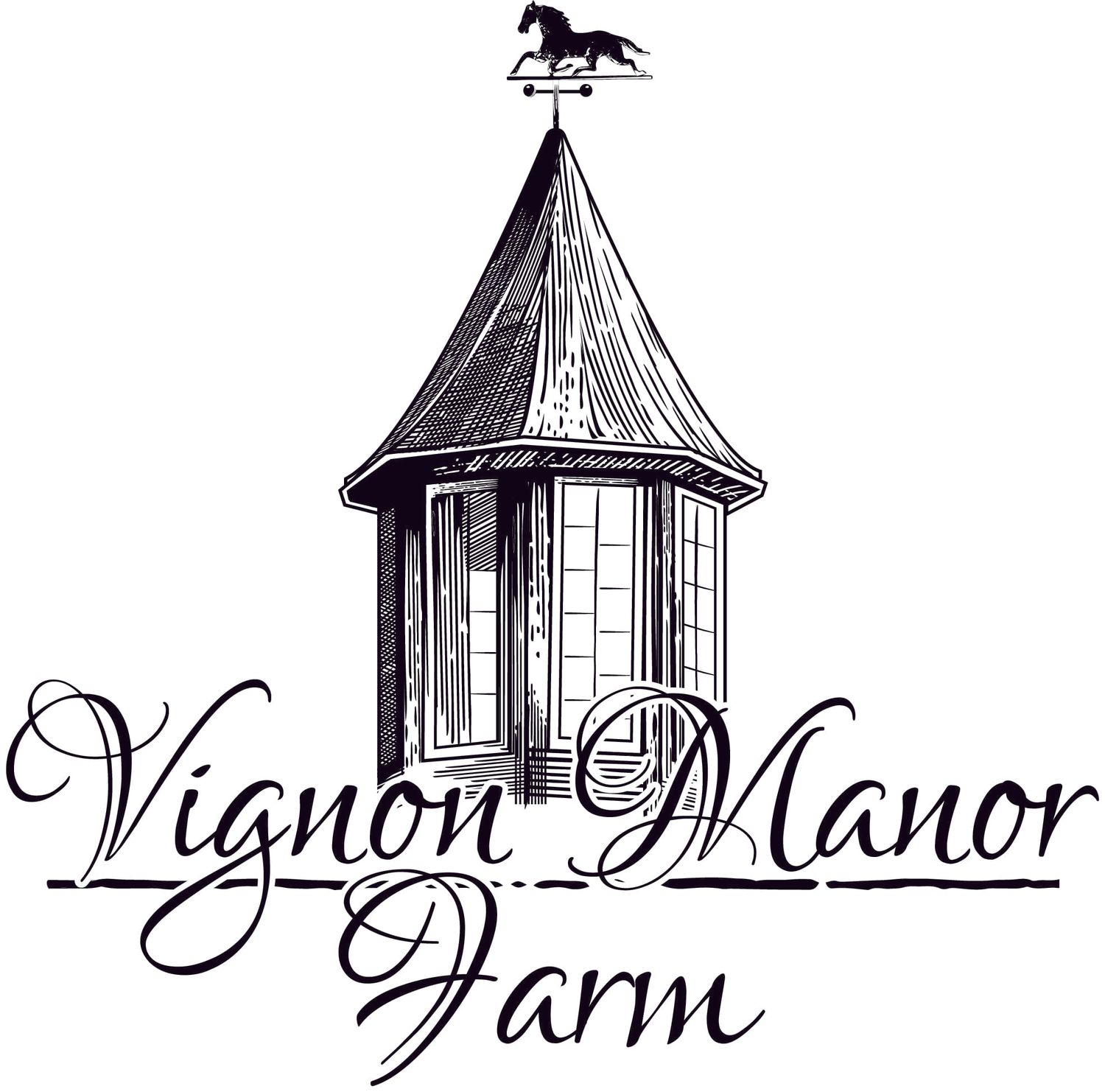 Black silhouette of a running horse logo above elegant script text showing Tynon Manor Farm name.
