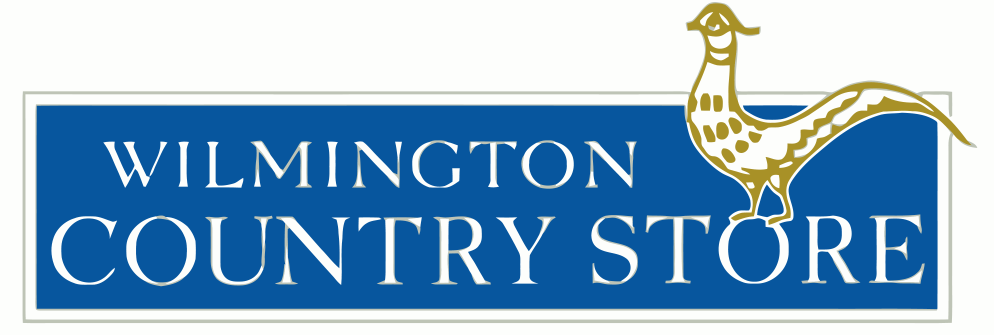 Blue and yellow Wilmington Country Store sign logo with decorative rooster illustration.
