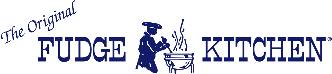 Vintage blue and white logo for The Original Fudge Kitchen with chef illustration.