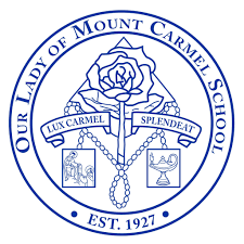 A row of blue circular academic seals or emblems for Mount Carmel and related institutions arranged horizontally.