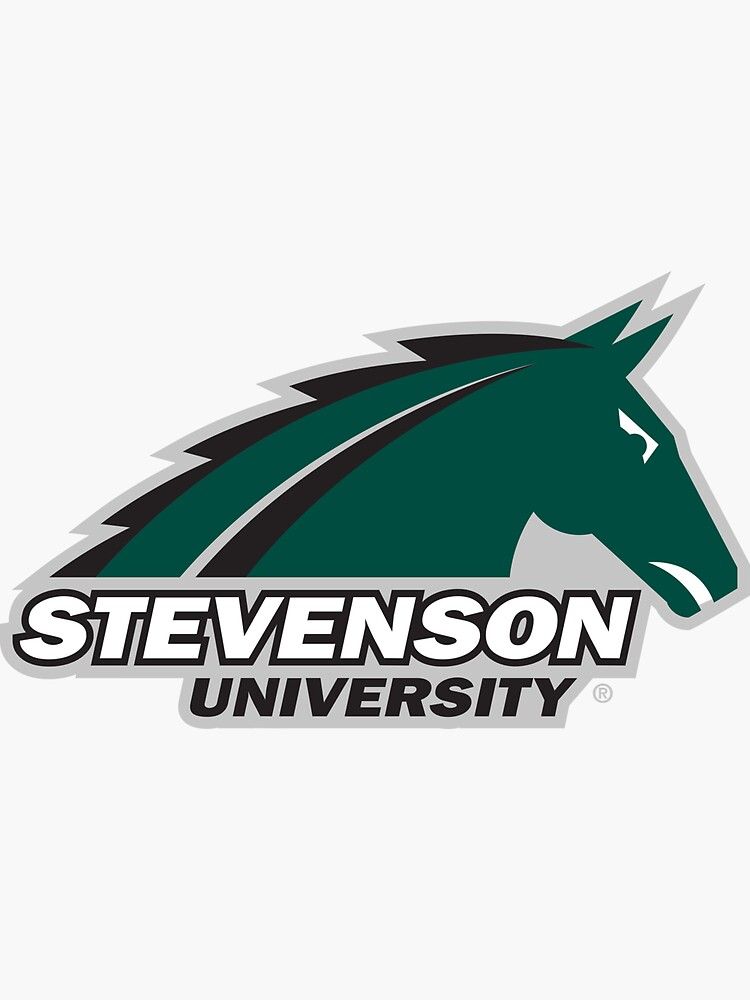 Green and black horse head logo for Stevenson University with text underneath.