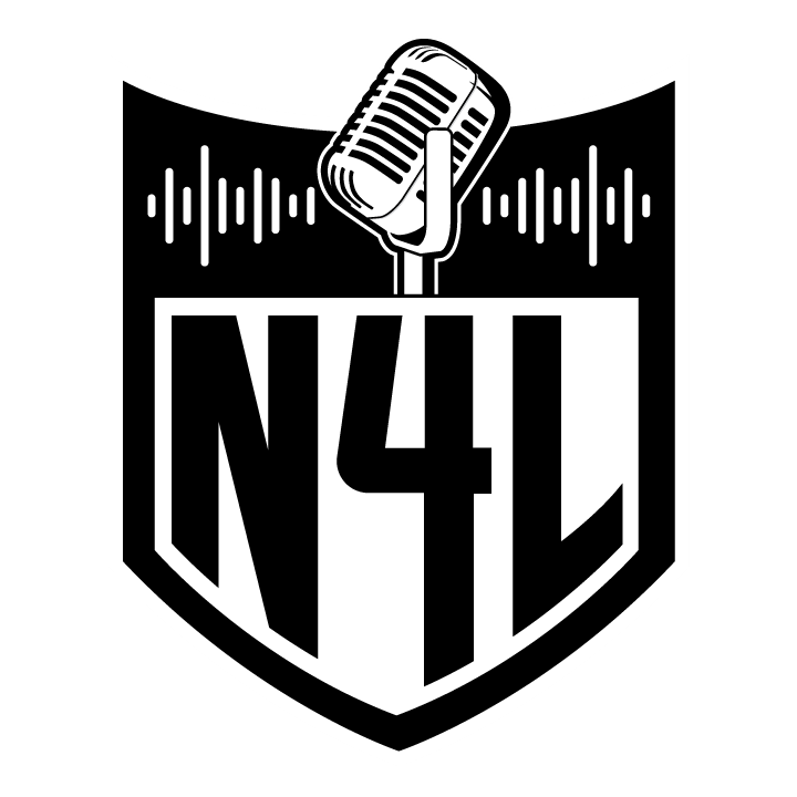 N4L podcast or media logo with microphone icon and sound waves in black and white shield design.