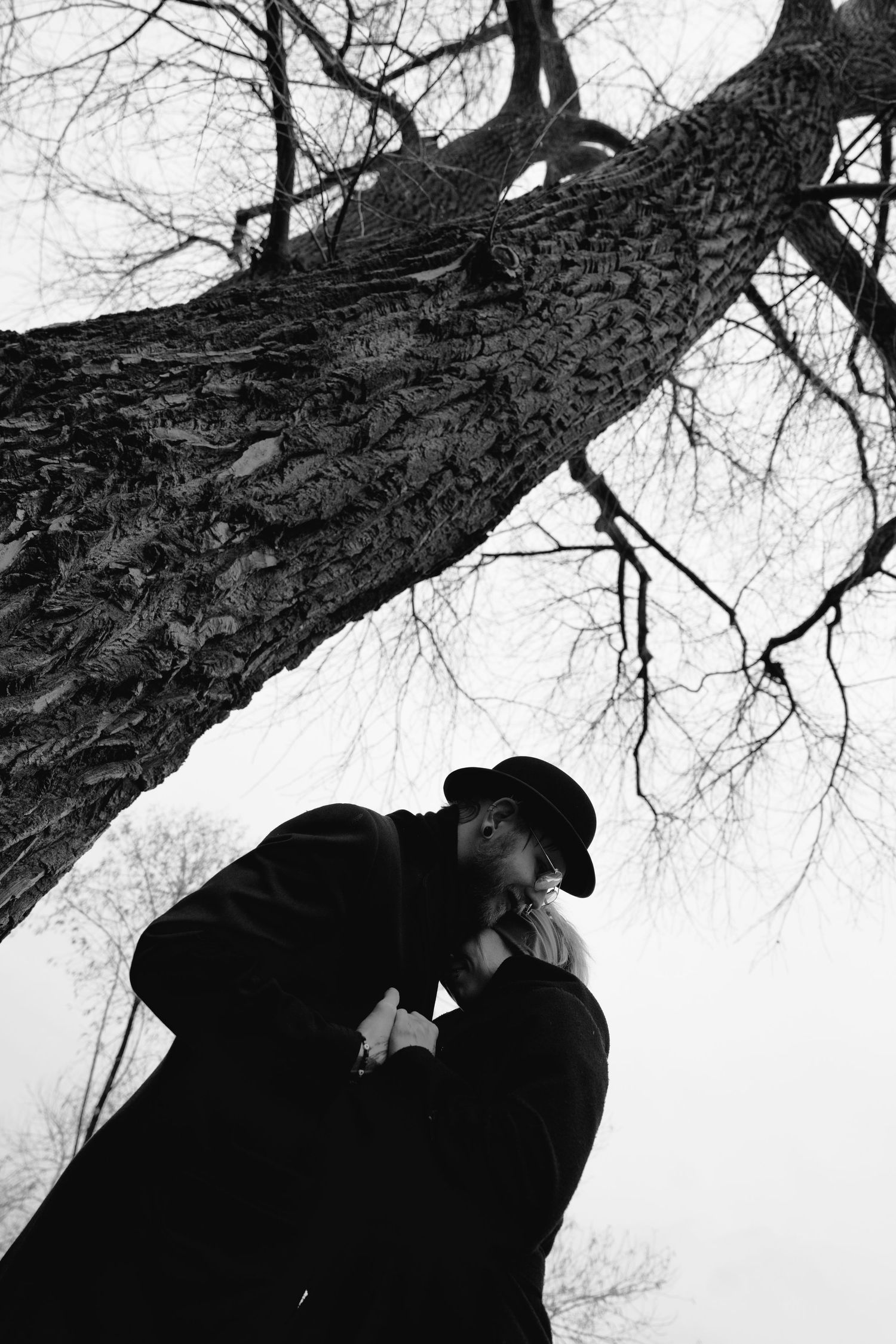 Romantic silhouettes against bare winter tree branches in black and white.
