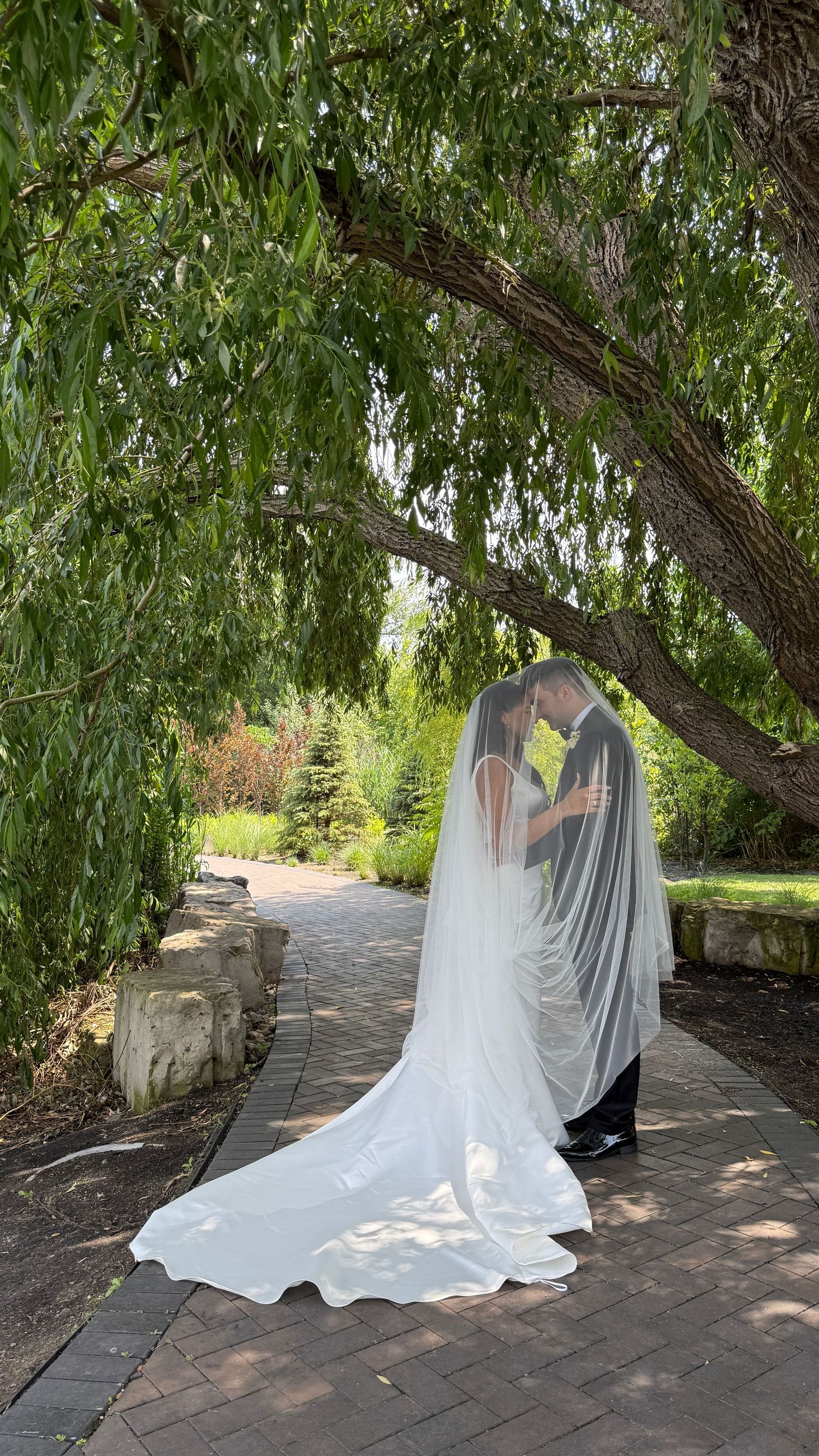 A romantic wedding photo shoot under a weeping willow tree at the Arlington Estate with a flowing white dress and black suit.